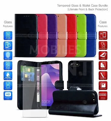 For Huawei Y6 2018 Wallet Case Card Slot PU Leather Phone Case & Tempered Glass • £6.75