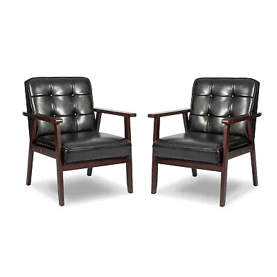 2 PCS Mid Century Arm Accent Chair Leather Retro Modern Sofa Wooden Lounge Sofa • $279.99
