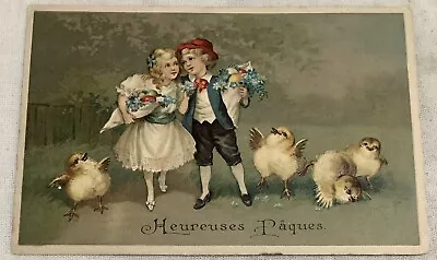 Vintage French Easter Postcard Children With Playful Yellow Chicks Embossed  • $2.90