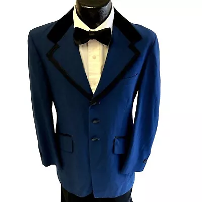 Vtg 70's Palm Beach ROYAL BLUE Tux Black VELVET Tuxedo Jacket Formal PROM Blazer • $499.99
