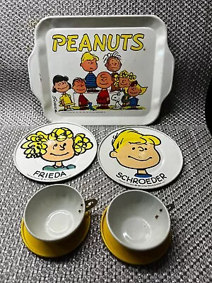 1961 PEANUTS Tin Metal Tea Set 3 Pieces Frieda Schroeder + 2 Yellow Cups/saucers • $7.99