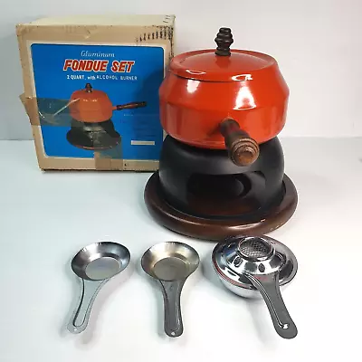 Vintage Orange Aluminum Fondue Set 2 Quart With Alcohol Burner Pot Wooden Handle • $59