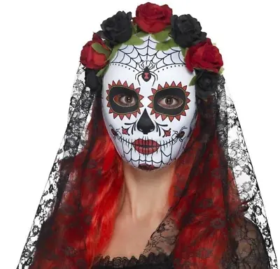 Ladies Day Of The Dead Senorita Red Black Roses Veil Mask Womens Fancy Mask • £5.99