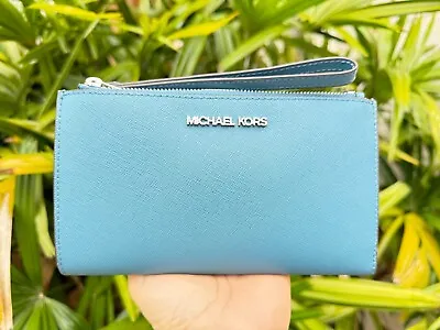 Michael Kors Jet Set Travel Large Double Zip Phone Leather Wallet Teal • $57