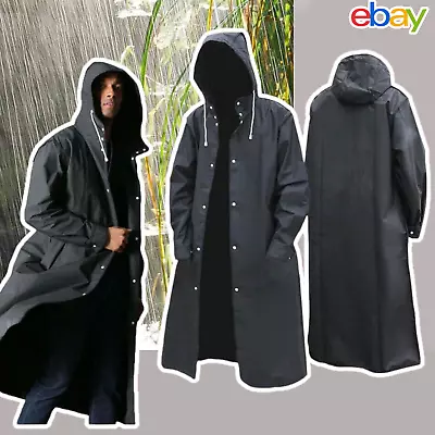 Waterproof Long Black Raincoat Men Woman Rain Coat Trench Jacket Hooded Outdoor • £3.85