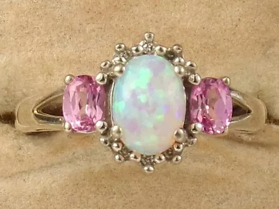 Sterling Silver .925 Opal Pink Sapphire & Diamond Band Fine Ring-Size 5.75 • $26.99