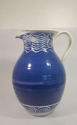 1995 Studio Art Pottery Pitcher Blue Stripes Artist H SHADRON ST Simons GA • $29.60