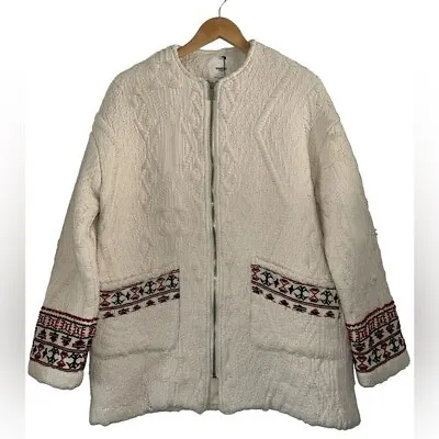 Mango Heavy Cotton Textured Embroidered Boxy Fit Full Zip Jacket Coat • $42.99