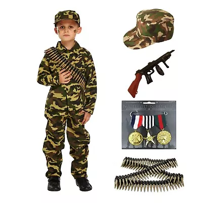 Child Boys KIDS ARMY SOLDIER COSTUME Fancy Dress Party Uniform Military Outfit • £14.21