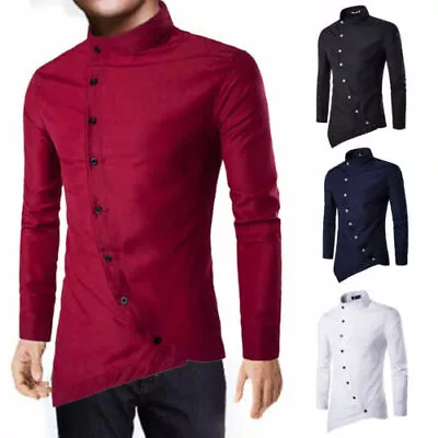 Mens Stand Collar Asymmetric Dress Shirts Slim Fit Work Business T-Shirt Tops • £11.63