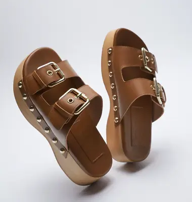 ZARA Clogs 37 BUCKLED LEATHER Studs Wood Platform Gold Studs 6.5 Chunky NEW • $59