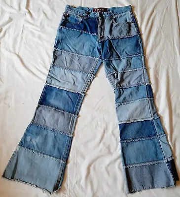 Zana Di Womens Jeans Patchwork Blue Sz 11 Denim Flare Hip Boho Distressed Frayed • $75.50