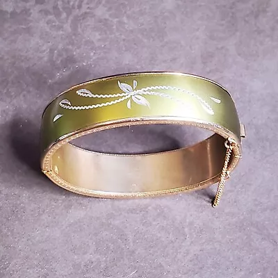 Vintage Signed Hobe Clamper Bracelet Olive Green Gold Tone Silver Floral Accent • $40