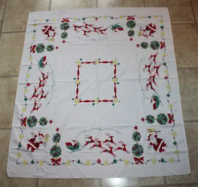 $35 • Buy Vintage Tablecloth - Christmas SANTA SLEIGH REINDEER & ORNAMENT Design  48 X52 