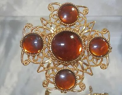 HUGE Showy Vintage 50's Ornate Brown Glass Cabochon Maltese Cross Brooch 2M4 • $39.99