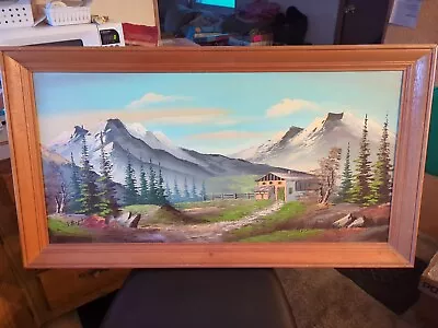 Vintage Oil Painting On Canvas. Mountains Trees Sky Beautiful & Signed 24 X43  • $109.99