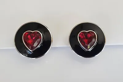 Vintage Yves Saint Laurent YSL Large Black Enamel Red Heart Crystal Earrings • £128.27