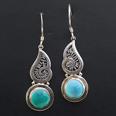 925 Sterling Silver Turquoise Stone Nepal Tibetan Petite Earrings Antique Ethnic • $122