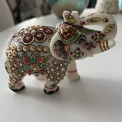 Marble Elephant Statue Trunk Up Hand Carved Hand Painted Indian Art Sculpture • $38