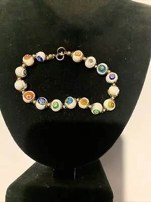 Vintage Murano Venetian Millefiori Hand Knotted Glass Beads Bracelet Rare White • $22.99