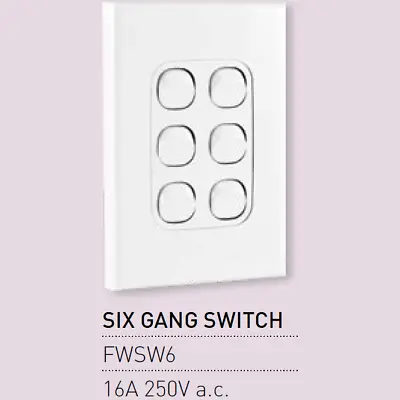 1 X Vynco Vertical Wall Light Switch Outlet 6 Six Gang 16A 250V White • $8.99