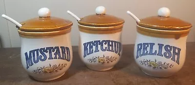 Vintage MCM Condiment Crock Style Set Mustard Relish Ketchup W/ Spoons Japan  • $29.95