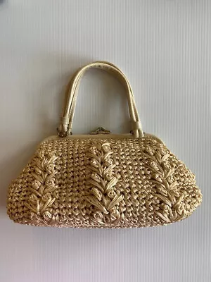 MCM Vintage Purse Cream Tan Woven Raffia With Printed Lining • $20