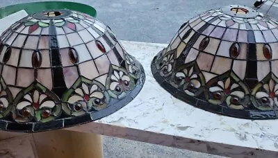 Vintage MATCHING PAIR Jeweled Tiffany Style Stained Glass Lamp Shade 16  X 6  • $298