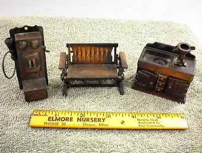 3 Vtg Durham Diecast Doll Furniture Telephone Cabinet Glider Bench Miniature  • $15