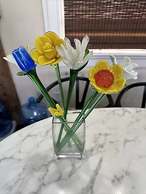 7 Hand Blown Art Glass Flower Lot 6 Long Stem Flowers Murano Style 11’ -20’ • $65