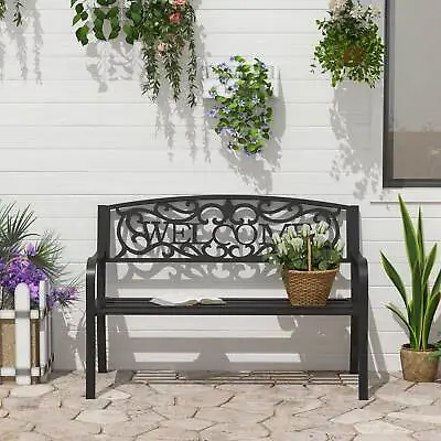 2 Seater Metal Garden Bench Loveseat Outdoor Park Porch Chair W/ Backrest Black • £84.99