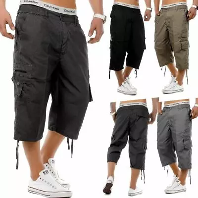 Mens 3/4 Shorts Elasticated Waist Long Length Cargo Combat Three Quarter Pants • £10.99