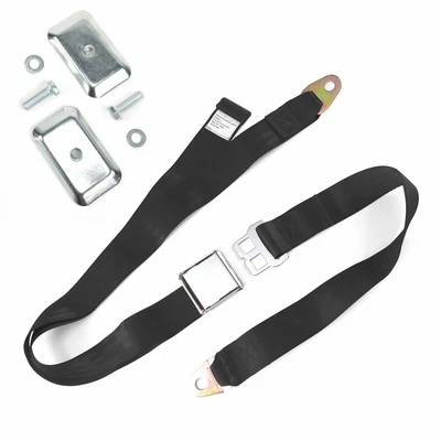 $56.36 • Buy 2pt Black Airplane Buckle Lap Seat Belt W/ Flat Plate Hardware Hot Rod Muscle V8
