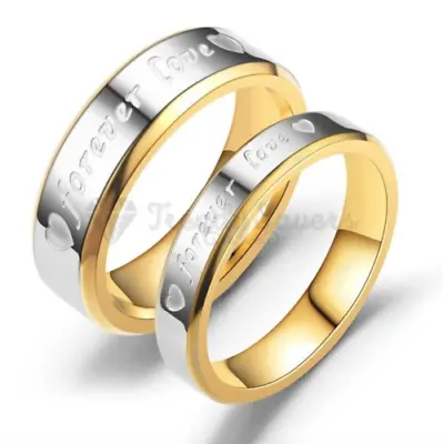 18K Gold Plated Titanium Steel Couple Forever LOVE Engagement Wedding Rings • £4.99