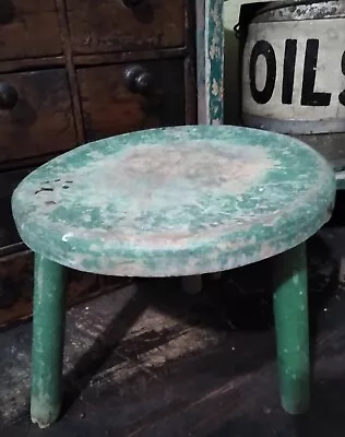 Early Primitive Wooden Milking Stool Original Old Green  • $125