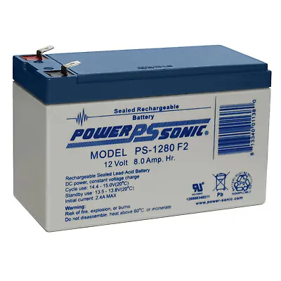 Power-Sonic PS-1280F2 12 Volt 8 Amp Hour F2 Rechargeable SLA Battery • $27.99