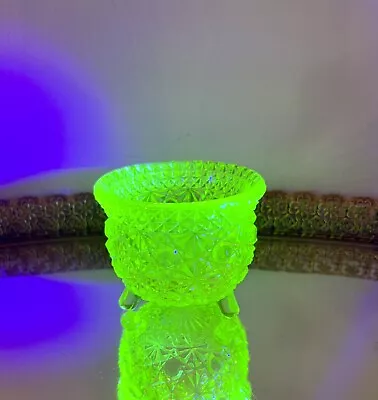 Vintage Daisy And Button Vaseline Glass Footed Candy Dish Bright Uranium Glass • $95
