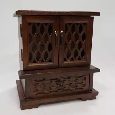 Vintage Music Jewelry Box Wood Armoire Cabinet 3 Drawer Fretwork Doors Japan • $39.95