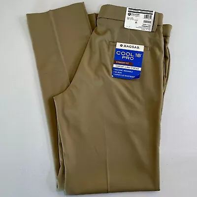 HAGGAR Cool 18 Pro Straight Fit 36W X 34L Comfort Stretch Pants Khaki/Tan Flaw • $14.99