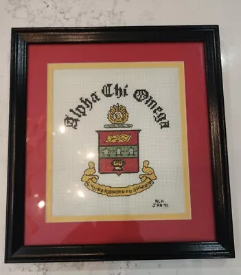 $31.44 • Buy Vintage Alpha Chi Omega Framed Hand-stitched Wall Hanging Jan 1991 Cross Stitch