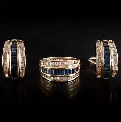 14k Yellow Gold Sapphire Diamond Channel Set Ring Earring Set 2.25ctw 17.9g • $4250