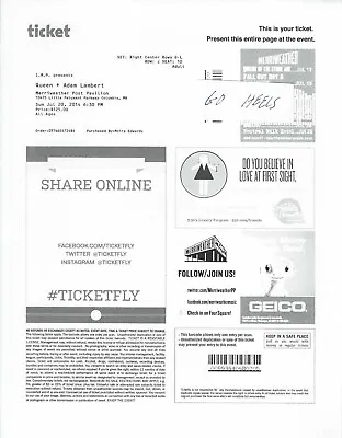 $154.43 • Buy 7/20/2014 QUEEN & ADAM LAMBERT E-Ticket Concert Stub 10th Row Merriweather PP
