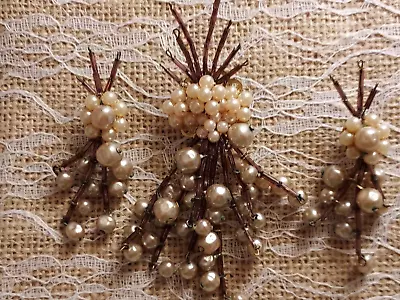 MIRIAM HASKELL Brooch & Earrings~Book Pieces~RARE~Pearls Tube Beads Trembler • $250