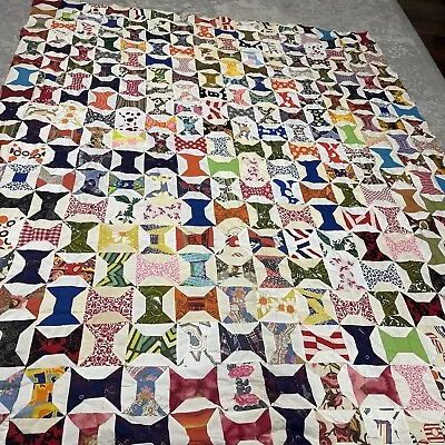 Vintage Hand-Pieced Hand-Sewn Quilt Spool/Bowtie  Retro  Mcm Style • $233