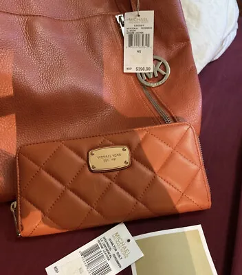 Rare !new Michael Kors Hamilton Quilt Persimmon Leather Zip Around Spring Wallet • $169