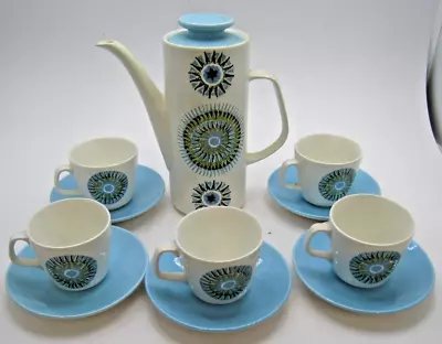 J&g Meakin Studio Vintage Aztec Coffee Pot 5 Cups & Saucers Blue White  #w2 • £24.99