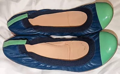 J. Crew Mila Cap Toe Blue Patent Green Leather Ballet Flats Sz 11 • $16.50