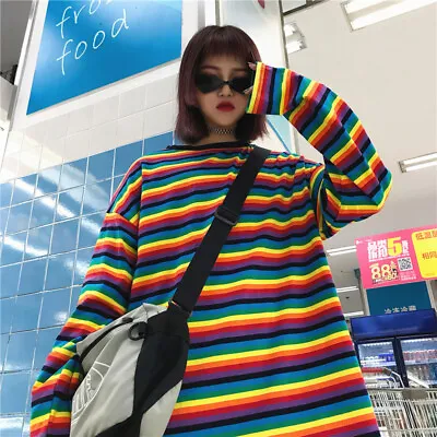 Woman T Shirt Rainbow Stripe Autumn Harajuku Shirt Long Sleeve Plus Size Top ZDP • £10.71