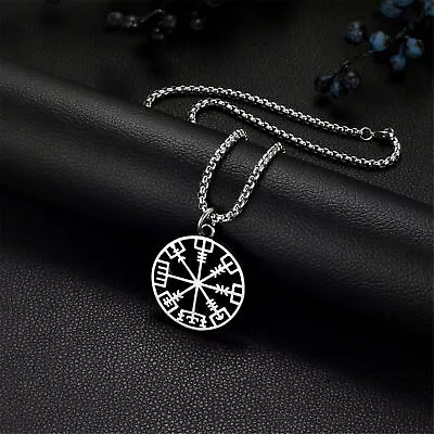 22” Stainless Steel Viking Compass Norse Vegvisir Guiding Pendant Necklace Mens • $11.89