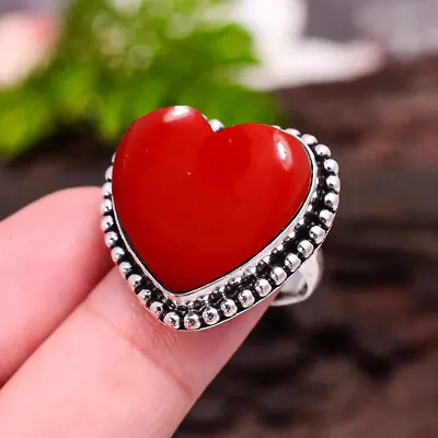 Red Coral Heart Ring 925 Sterling Silver Ring Handmade Ring Anniversary Ring • $18.80